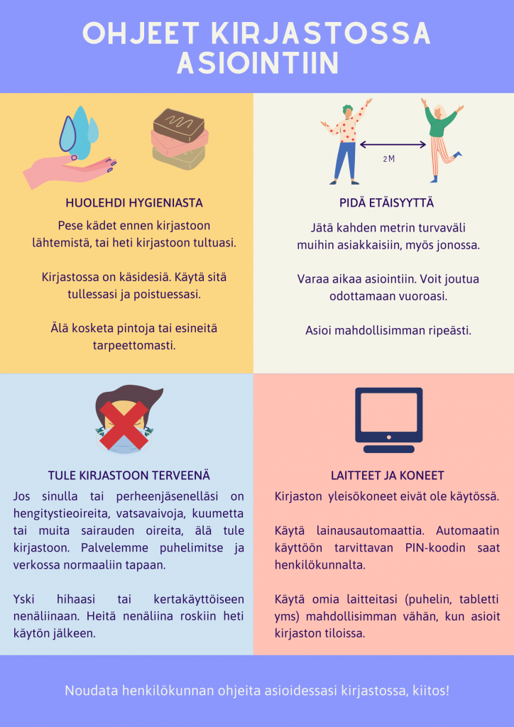 Ohjeet kirjastossa asiointiin
Huolehdi hygieniasta. Pese kädet ennen kirjastoon lähtemistä, tai heti kirjastoon tultuasi. Kirjastossa on käsidesiä. Käytä sitä tullessasi ja poistuessasi. Älä kosketa pintoja tai esineitä tarpeettomasti.
Pidä etäisyyttä. Jätä kahden metrin turvaväli muihin asiakkaisiin, myös jonossa. Varaa aikaa asiointiin. Voit joutua odottamaan vuoroasi.
Tule kirjastoon vain terveenä. Palvelemme myös puhelimitse ja verkossa normaaliin tapaan.
Kirjaston yleisökoneet eivät ole käytössä.